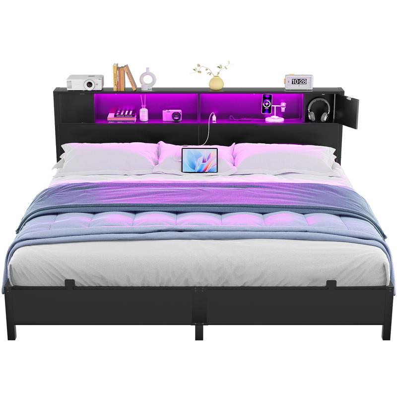 Homieasy Bed Frame with Storage Headboard and Charging Station, Luxury Cool Bed Frame with LED Lights, Steel Slat Support, No Box Spring Needed, Noise-Free, Easy Assembly