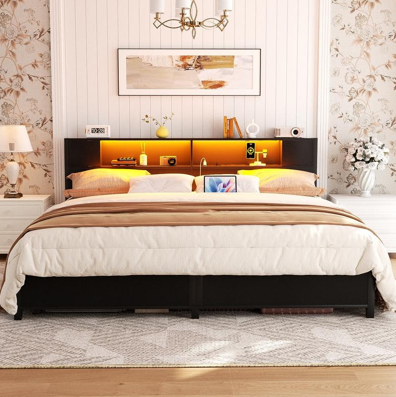 Homieasy Bed Frame with Storage Headboard and Charging Station, Luxury Cool Bed Frame with LED Lights, Steel Slat Support, No Box Spring Needed, Noise-Free, Easy Assembly
