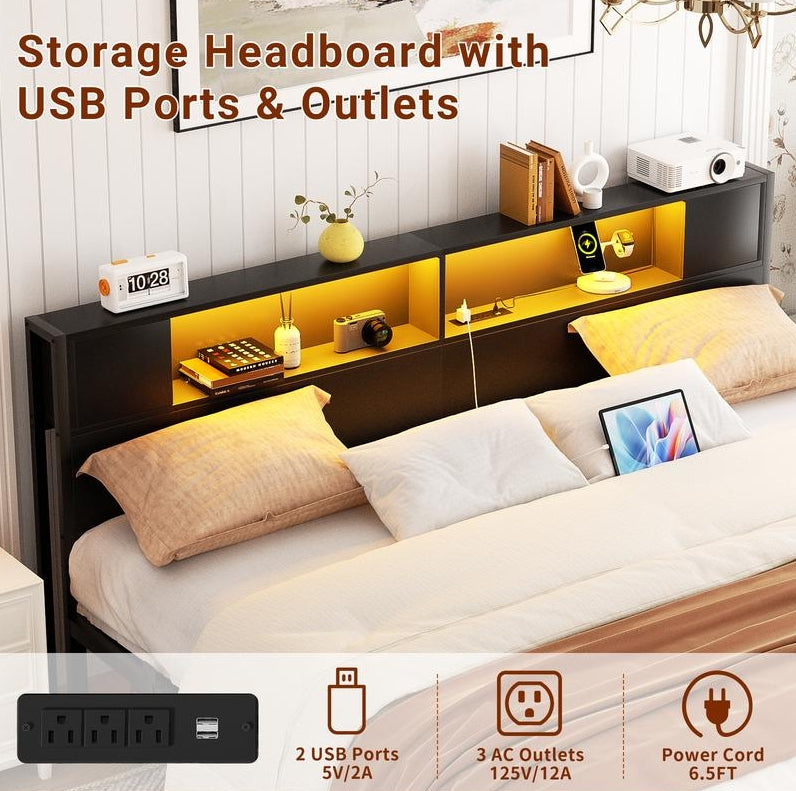 Homieasy Bed Frame with Storage Headboard and Charging Station, Luxury Cool Bed Frame with LED Lights, Steel Slat Support, No Box Spring Needed, Noise-Free, Easy Assembly