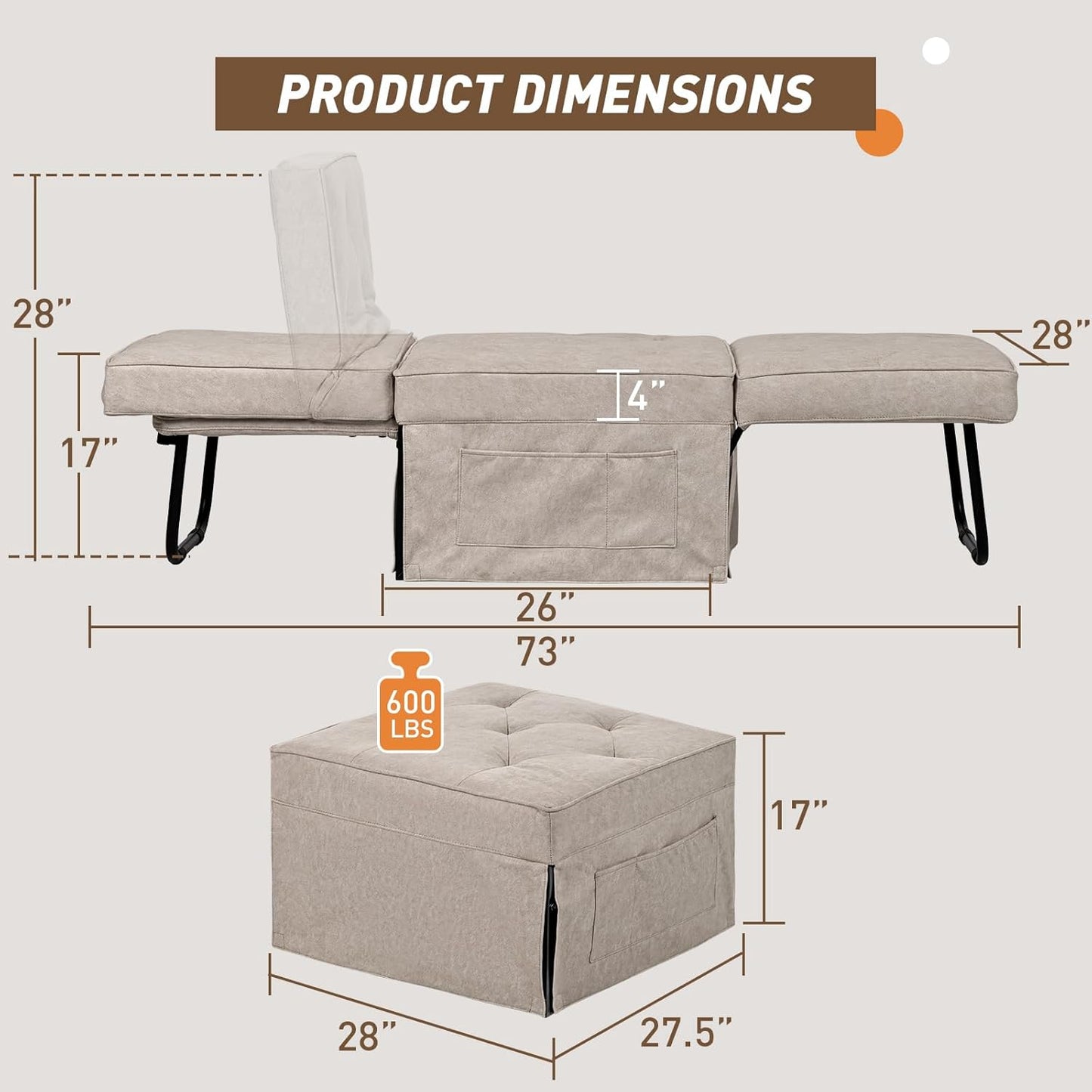 Convertible Sofa Bed, 4 in 1 Multi-Function Folding Ottoman Bed with Adjustable Backrest, Modern Pull Out Sleeper Chair for Living Room Apartment Office (Plus Beige, 36" Width-Large)