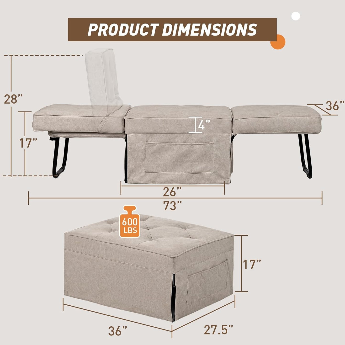 Convertible Sofa Bed, 4 in 1 Multi-Function Folding Ottoman Bed with Adjustable Backrest, Modern Pull Out Sleeper Chair for Living Room Apartment Office (Plus Beige, 36" Width-Large)