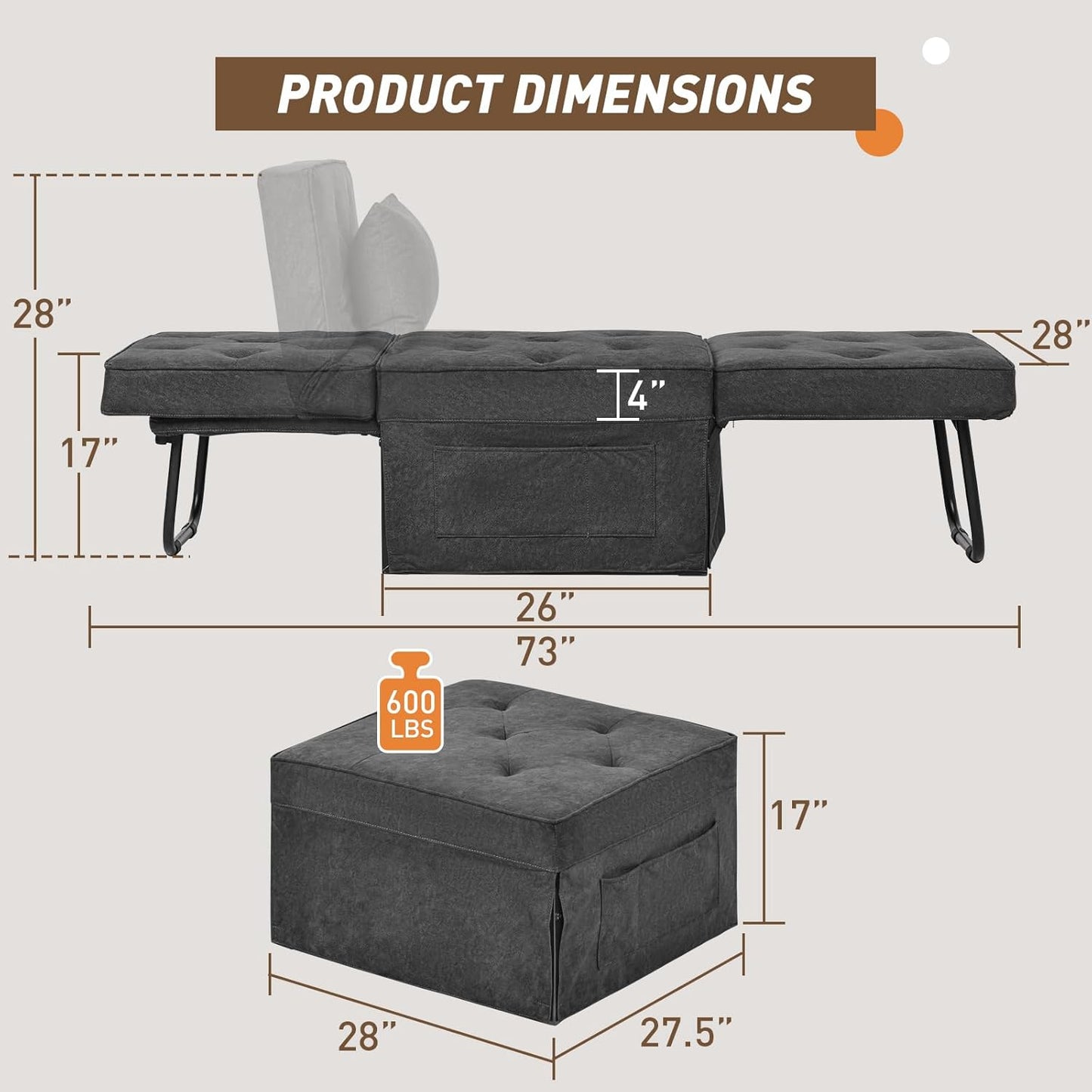 Convertible Sofa Bed, 4 in 1 Multi-Function Folding Ottoman Bed with Adjustable Backrest, Modern Pull Out Sleeper Chair for Living Room Apartment Office (Plus Beige, 36" Width-Large)
