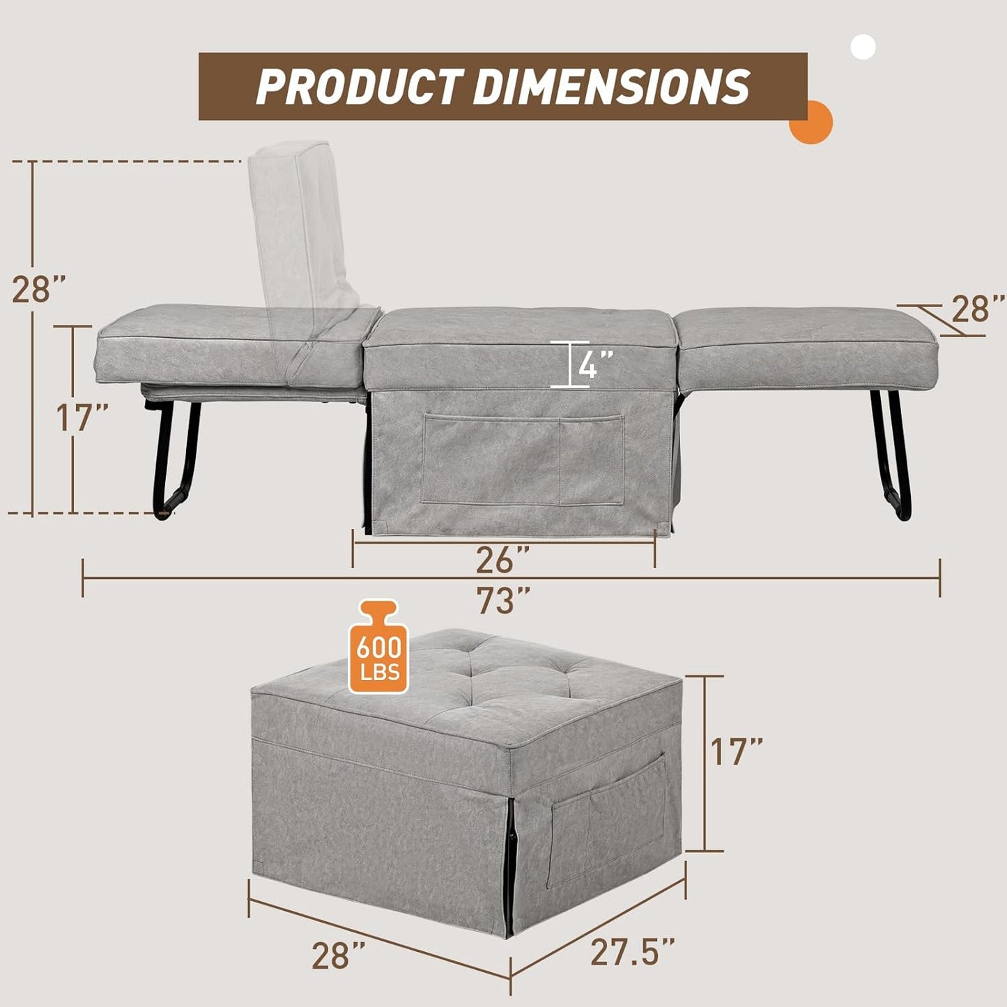 Convertible Sofa Bed, 4 in 1 Multi-Function Folding Ottoman Bed with Adjustable Backrest, Modern Pull Out Sleeper Chair for Living Room Apartment Office (Plus Beige, 36" Width-Large)