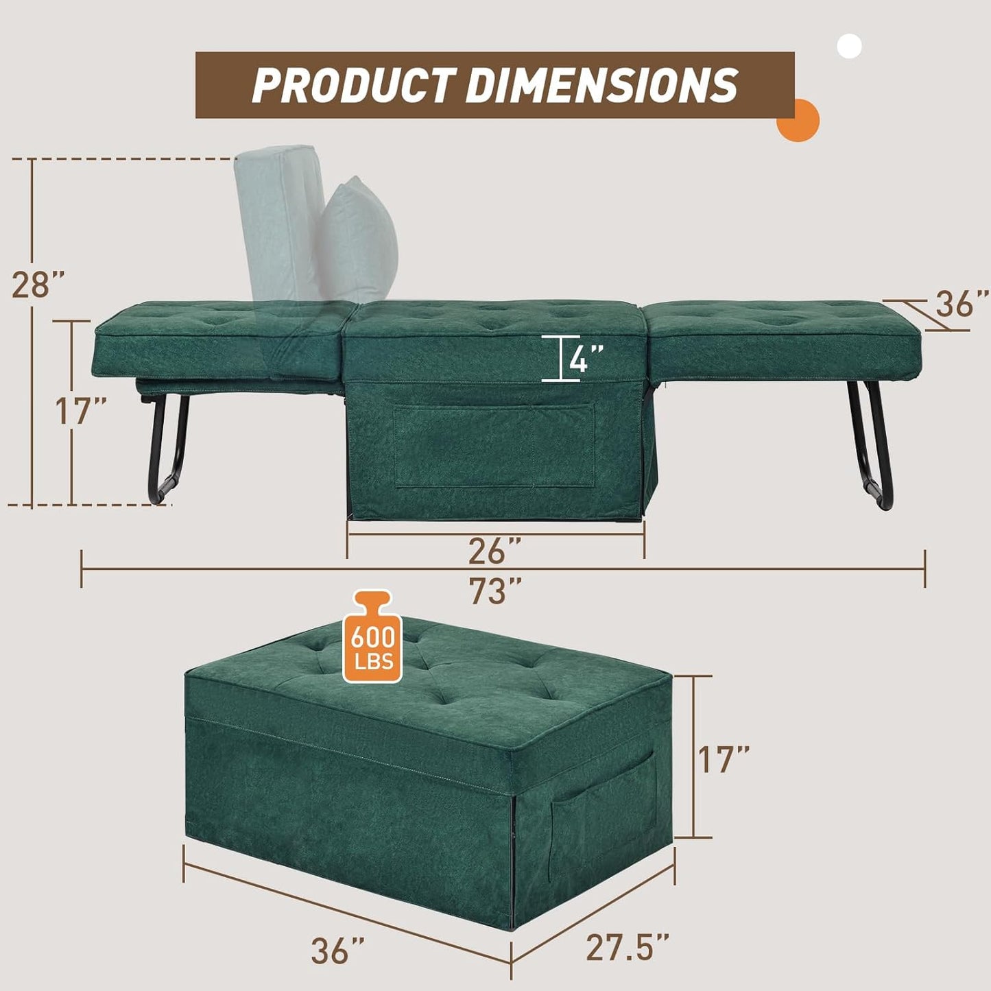 Convertible Sofa Bed, 4 in 1 Multi-Function Folding Ottoman Bed with Adjustable Backrest, Modern Pull Out Sleeper Chair for Living Room Apartment Office (Plus Beige, 36" Width-Large)