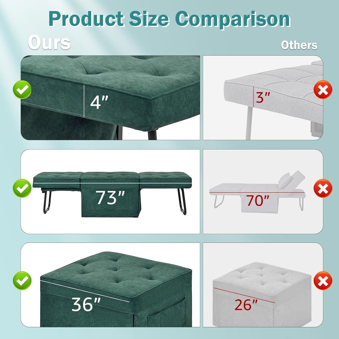 Convertible Sofa Bed, 4 in 1 Multi-Function Folding Ottoman Bed with Adjustable Backrest, Modern Pull Out Sleeper Chair for Living Room Apartment Office (Plus Beige, 36" Width-Large)