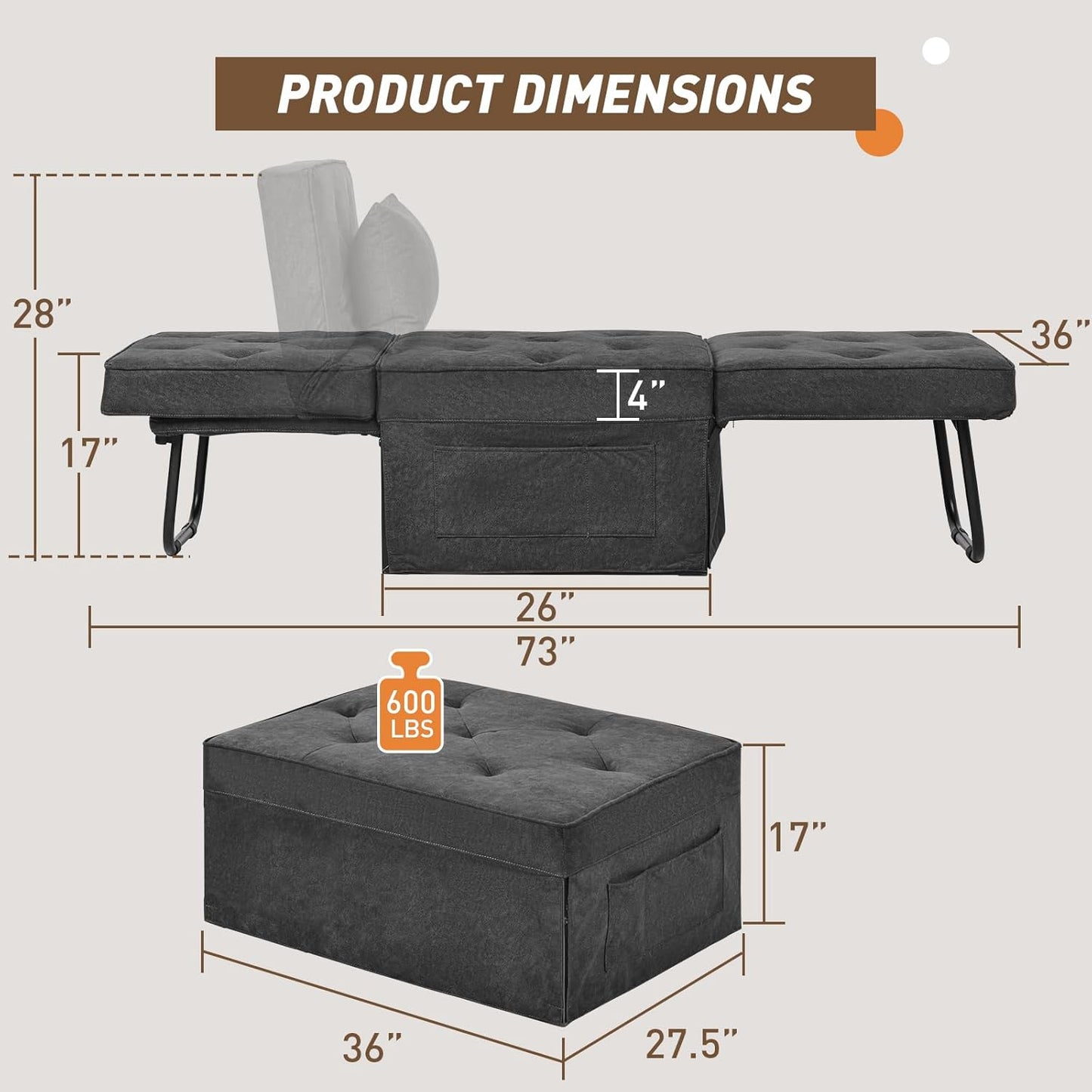 Convertible Sofa Bed, 4 in 1 Multi-Function Folding Ottoman Bed with Adjustable Backrest, Modern Pull Out Sleeper Chair for Living Room Apartment Office (Plus Beige, 36" Width-Large)