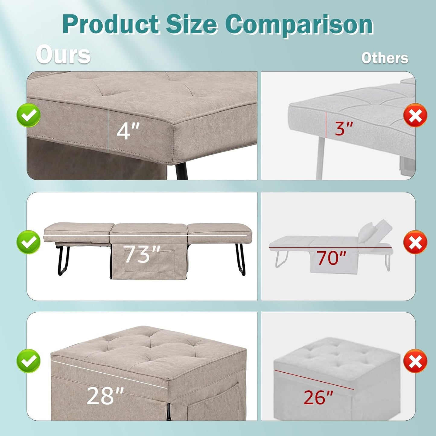 Convertible Sofa Bed, 4 in 1 Multi-Function Folding Ottoman Bed with Adjustable Backrest, Modern Pull Out Sleeper Chair for Living Room Apartment Office (Plus Beige, 36" Width-Large)