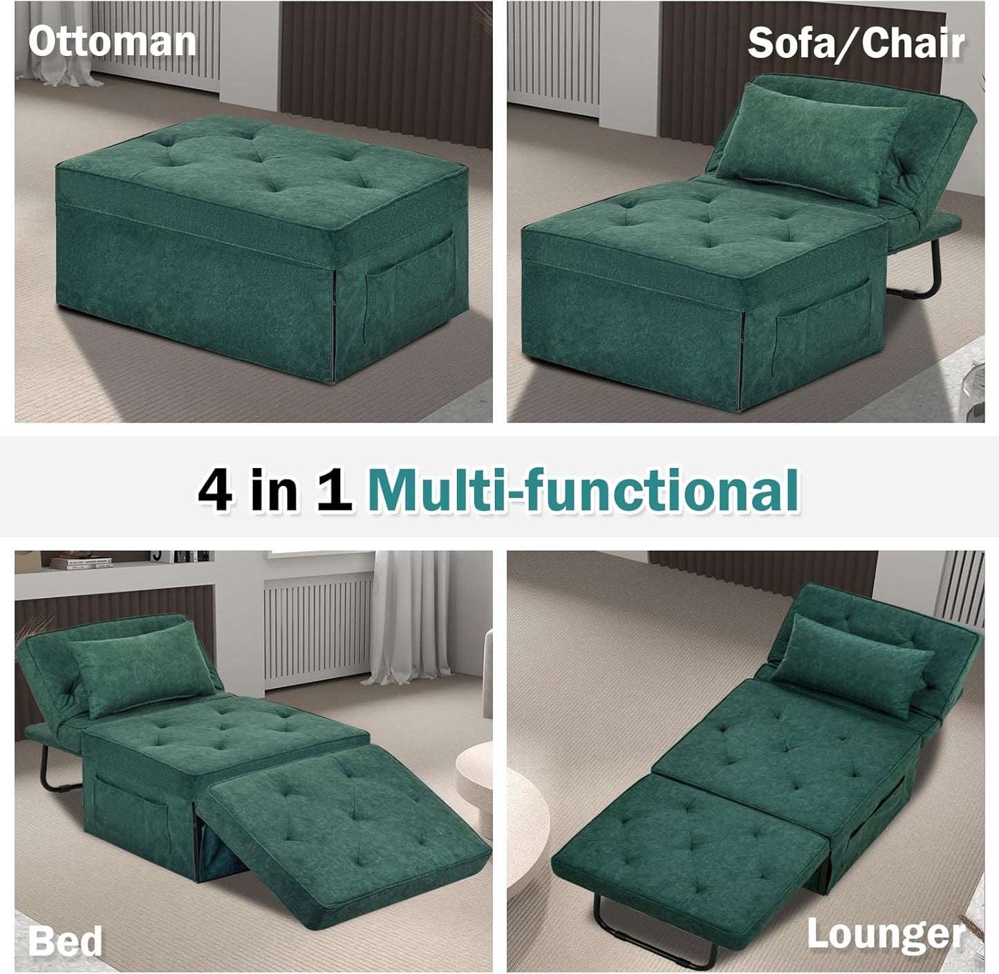 Convertible Sofa Bed, 4 in 1 Multi-Function Folding Ottoman Bed with Adjustable Backrest, Modern Pull Out Sleeper Chair for Living Room Apartment Office (Plus Beige, 36" Width-Large)