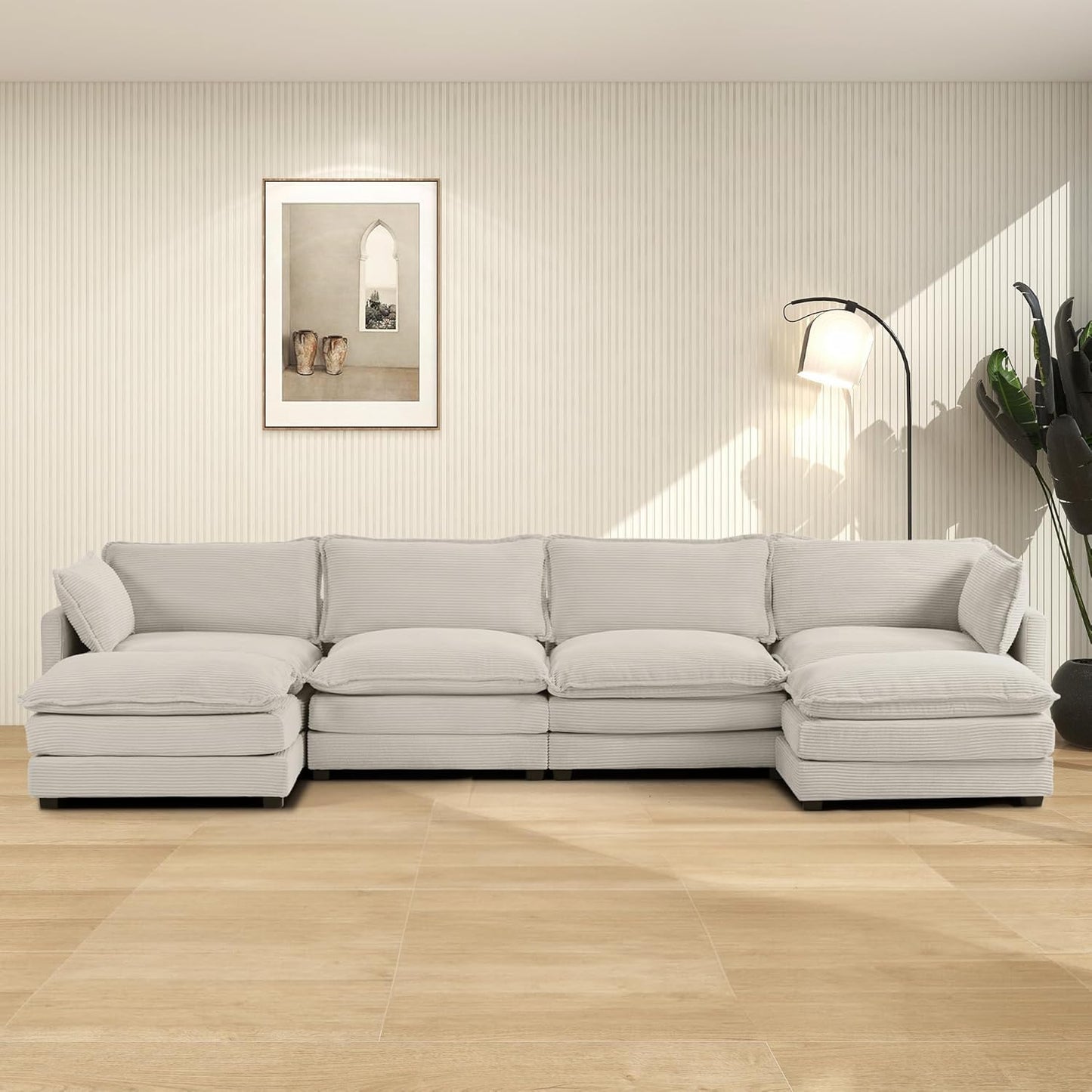 ROWHY Oversized Modular Sectional Sofa with Movable Ottoman, 112 Inch 4 Seat Modern Corduroy Sofa Set, Convertible L Shaped Couch for Living Room and Office, Beige