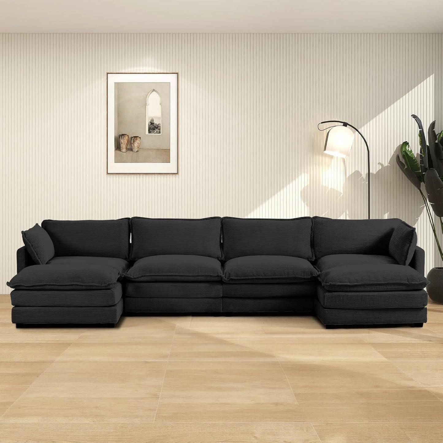 ROWHY Oversized Modular Sectional Sofa with Movable Ottoman, 112 Inch 4 Seat Modern Corduroy Sofa Set, Convertible L Shaped Couch for Living Room and Office, Beige
