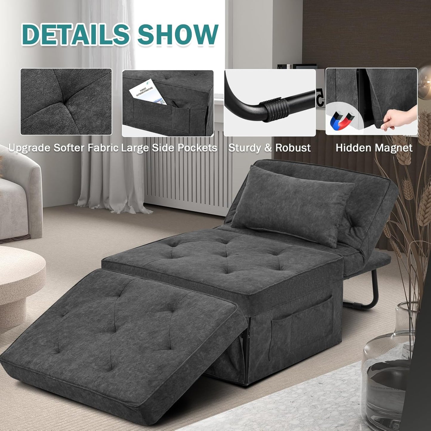 Convertible Sofa Bed, 4 in 1 Multi-Function Folding Ottoman Bed with Adjustable Backrest, Modern Pull Out Sleeper Chair for Living Room Apartment Office (Plus Beige, 36" Width-Large)