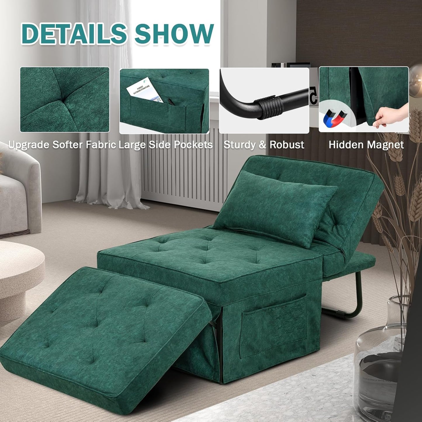 Convertible Sofa Bed, 4 in 1 Multi-Function Folding Ottoman Bed with Adjustable Backrest, Modern Pull Out Sleeper Chair for Living Room Apartment Office (Plus Beige, 36" Width-Large)