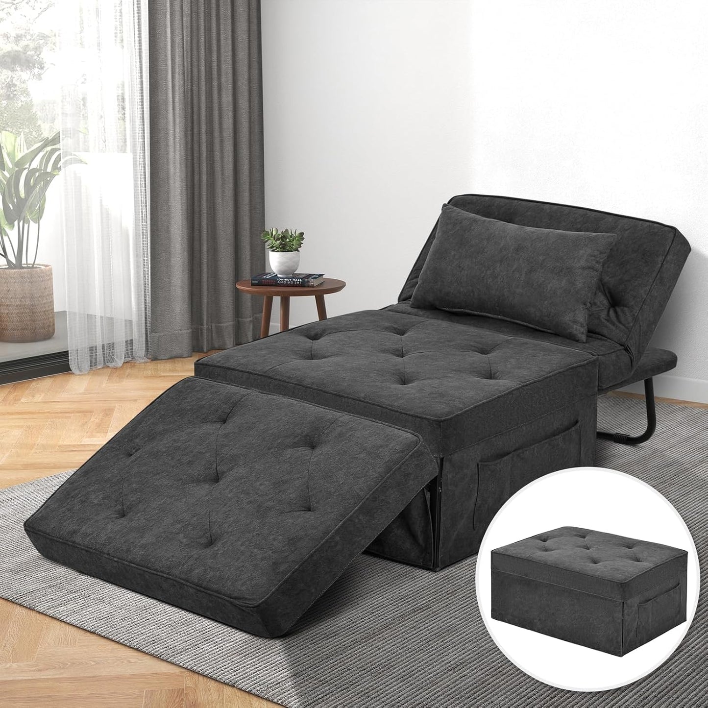 Convertible Sofa Bed, 4 in 1 Multi-Function Folding Ottoman Bed with Adjustable Backrest, Modern Pull Out Sleeper Chair for Living Room Apartment Office (Plus Beige, 36" Width-Large)