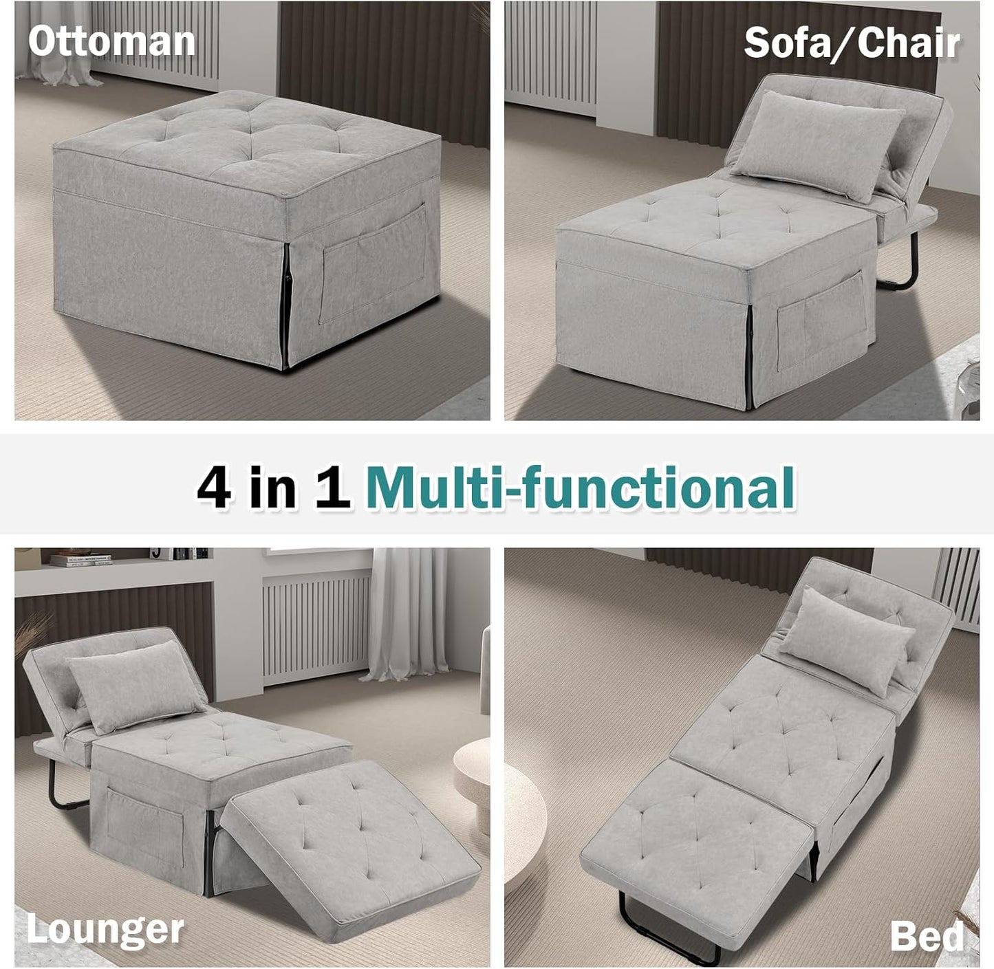 Convertible Sofa Bed, 4 in 1 Multi-Function Folding Ottoman Bed with Adjustable Backrest, Modern Pull Out Sleeper Chair for Living Room Apartment Office (Plus Beige, 36" Width-Large)