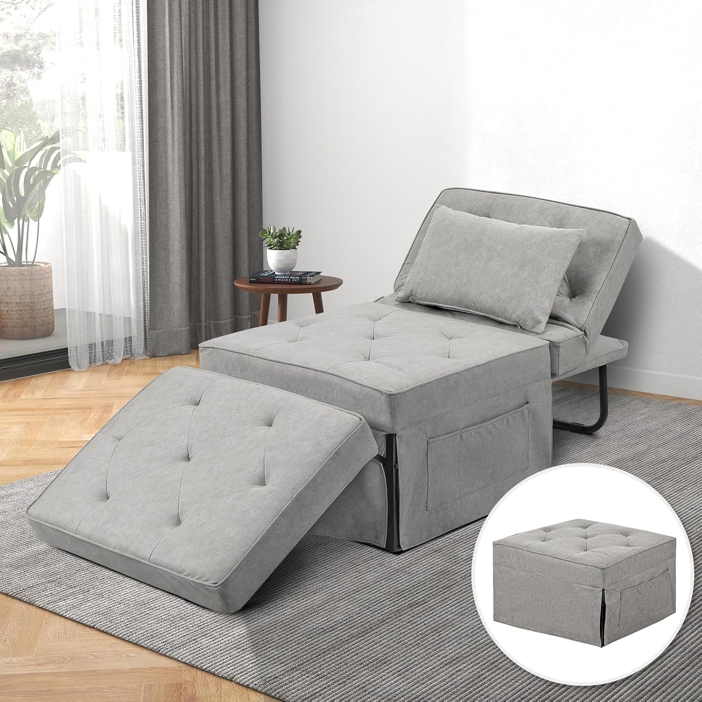 Convertible Sofa Bed, 4 in 1 Multi-Function Folding Ottoman Bed with Adjustable Backrest, Modern Pull Out Sleeper Chair for Living Room Apartment Office (Plus Beige, 36" Width-Large)