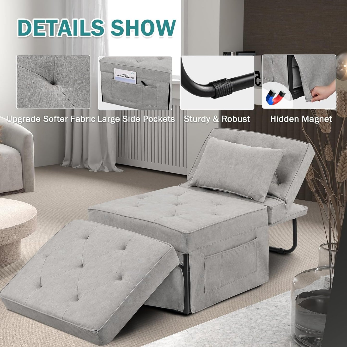 Convertible Sofa Bed, 4 in 1 Multi-Function Folding Ottoman Bed with Adjustable Backrest, Modern Pull Out Sleeper Chair for Living Room Apartment Office (Plus Beige, 36" Width-Large)