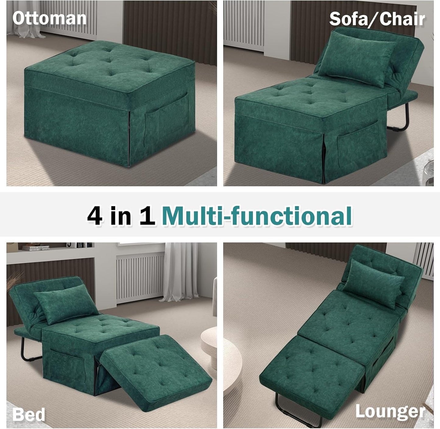 Convertible Sofa Bed, 4 in 1 Multi-Function Folding Ottoman Bed with Adjustable Backrest, Modern Pull Out Sleeper Chair for Living Room Apartment Office (Plus Beige, 36" Width-Large)