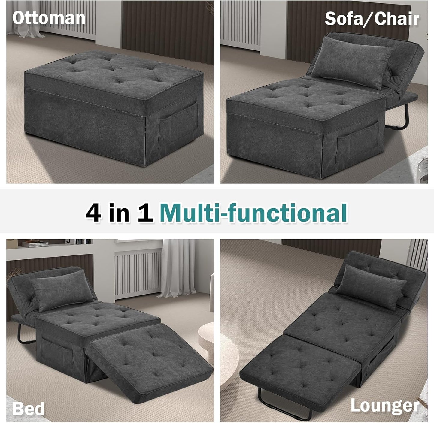 Convertible Sofa Bed, 4 in 1 Multi-Function Folding Ottoman Bed with Adjustable Backrest, Modern Pull Out Sleeper Chair for Living Room Apartment Office (Plus Beige, 36" Width-Large)