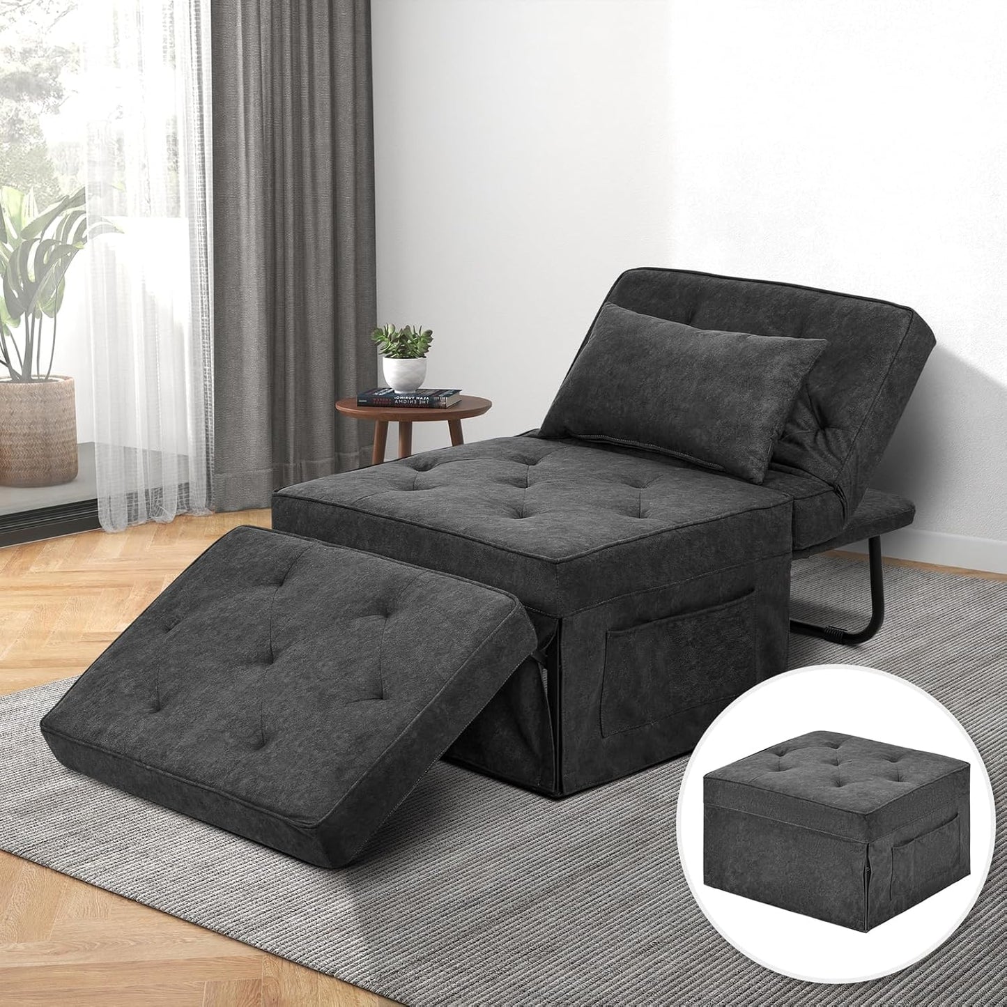 Convertible Sofa Bed, 4 in 1 Multi-Function Folding Ottoman Bed with Adjustable Backrest, Modern Pull Out Sleeper Chair for Living Room Apartment Office (Plus Beige, 36" Width-Large)