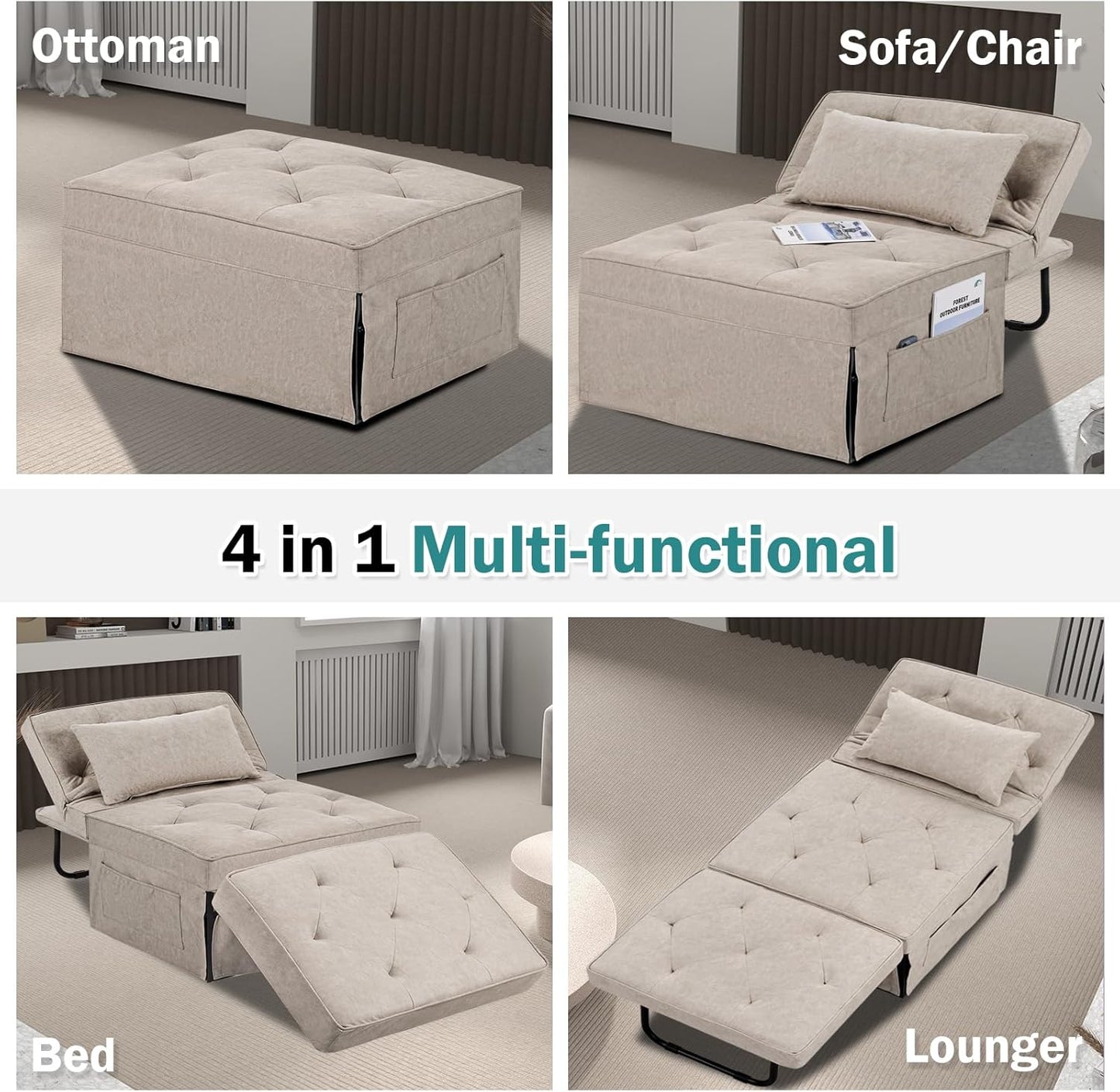 Convertible Sofa Bed, 4 in 1 Multi-Function Folding Ottoman Bed with Adjustable Backrest, Modern Pull Out Sleeper Chair for Living Room Apartment Office (Plus Beige, 36" Width-Large)