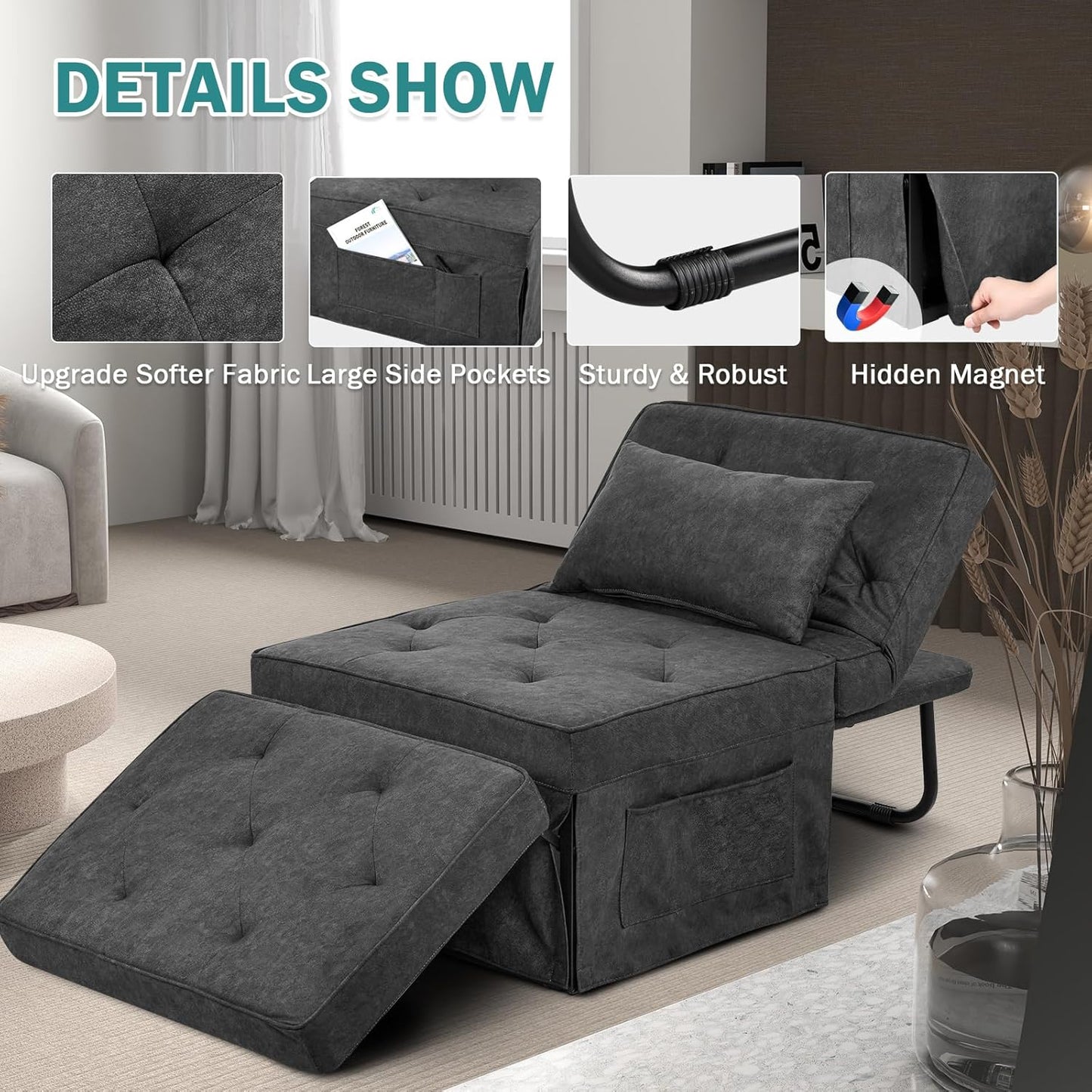 Convertible Sofa Bed, 4 in 1 Multi-Function Folding Ottoman Bed with Adjustable Backrest, Modern Pull Out Sleeper Chair for Living Room Apartment Office (Plus Beige, 36" Width-Large)