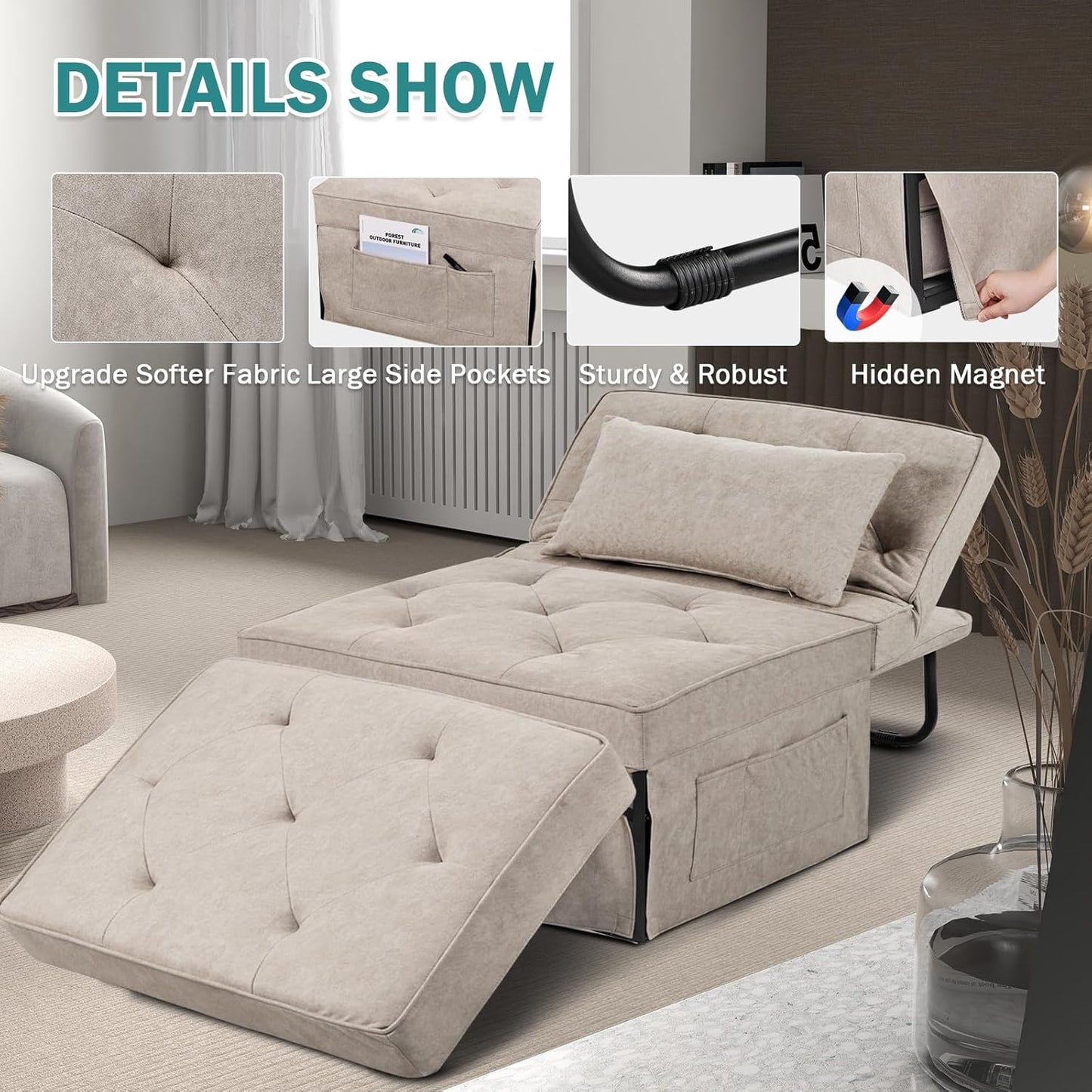 Convertible Sofa Bed, 4 in 1 Multi-Function Folding Ottoman Bed with Adjustable Backrest, Modern Pull Out Sleeper Chair for Living Room Apartment Office (Plus Beige, 36" Width-Large)