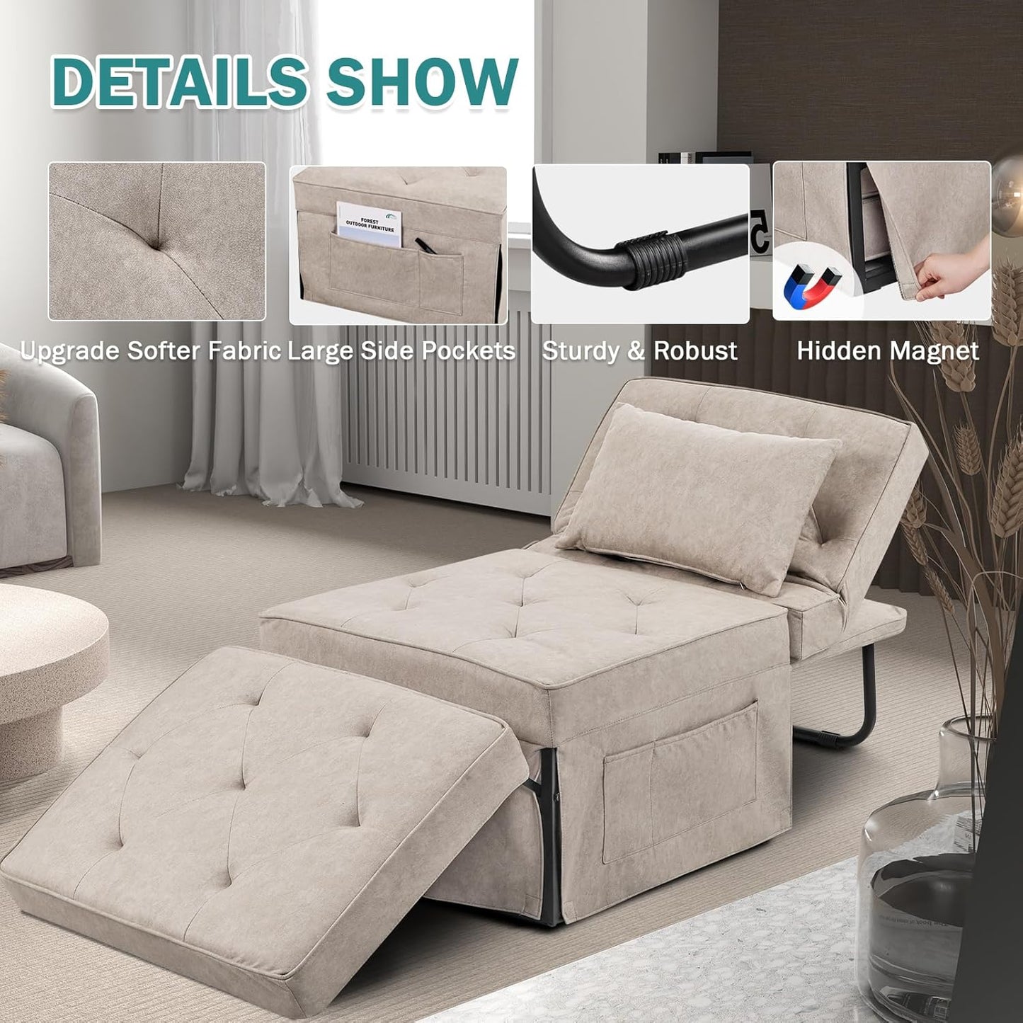 Convertible Sofa Bed, 4 in 1 Multi-Function Folding Ottoman Bed with Adjustable Backrest, Modern Pull Out Sleeper Chair for Living Room Apartment Office (Plus Beige, 36" Width-Large)