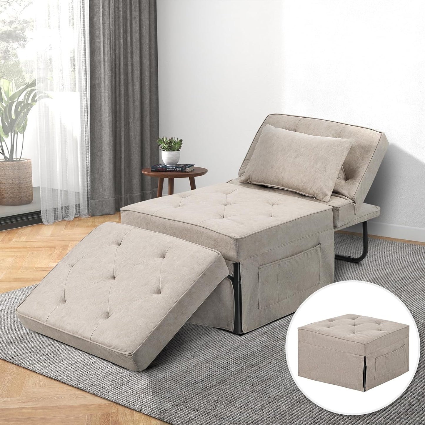 Convertible Sofa Bed, 4 in 1 Multi-Function Folding Ottoman Bed with Adjustable Backrest, Modern Pull Out Sleeper Chair for Living Room Apartment Office (Plus Beige, 36" Width-Large)