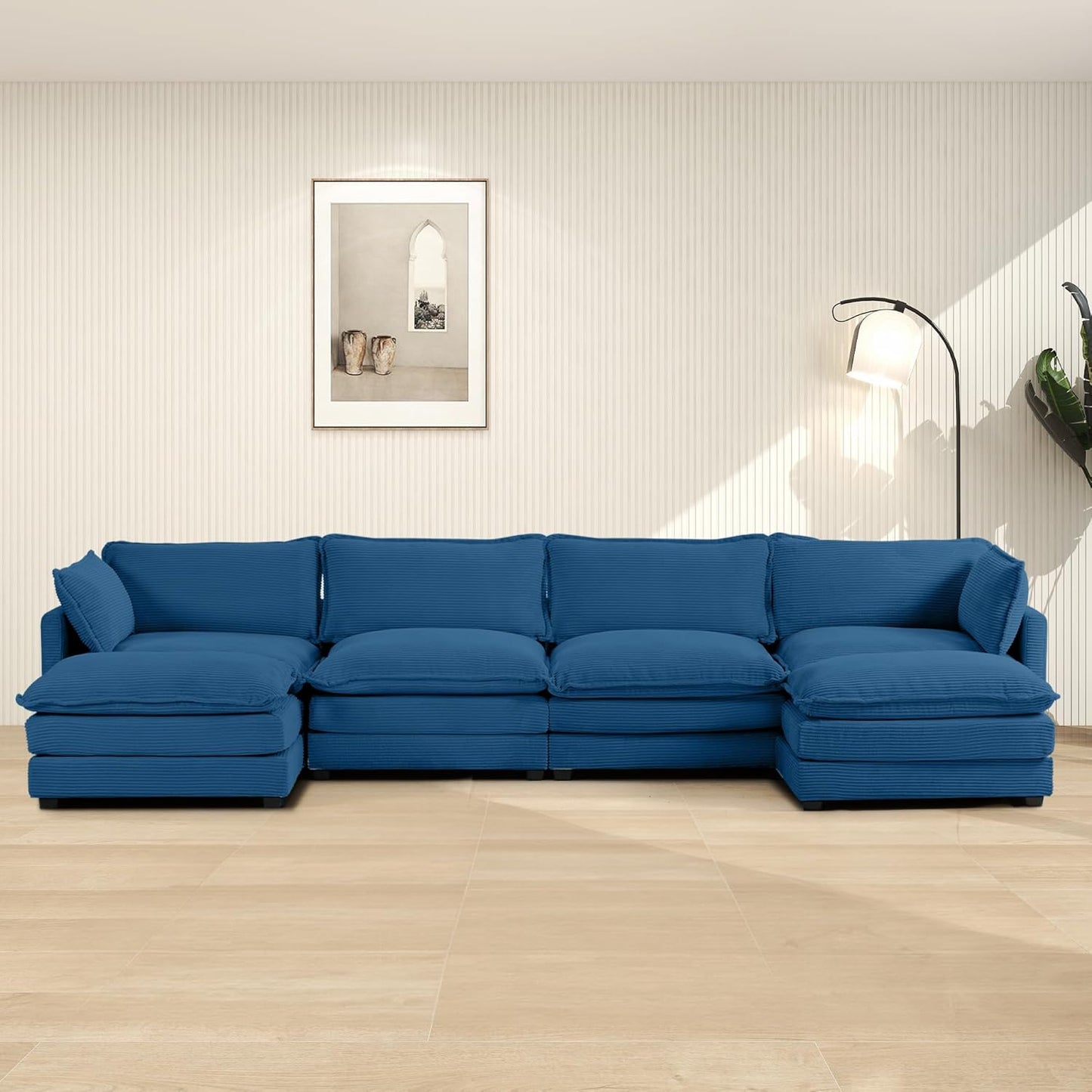 ROWHY Oversized Modular Sectional Sofa with Movable Ottoman, 112 Inch 4 Seat Modern Corduroy Sofa Set, Convertible L Shaped Couch for Living Room and Office, Beige