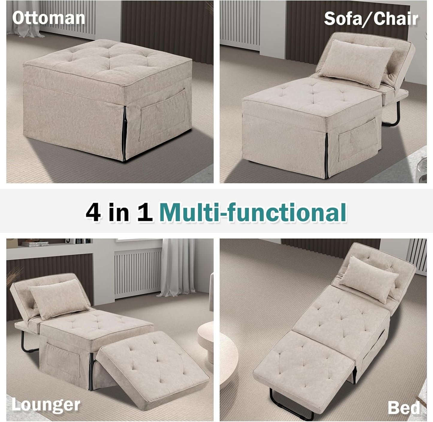Convertible Sofa Bed, 4 in 1 Multi-Function Folding Ottoman Bed with Adjustable Backrest, Modern Pull Out Sleeper Chair for Living Room Apartment Office (Plus Beige, 36" Width-Large)