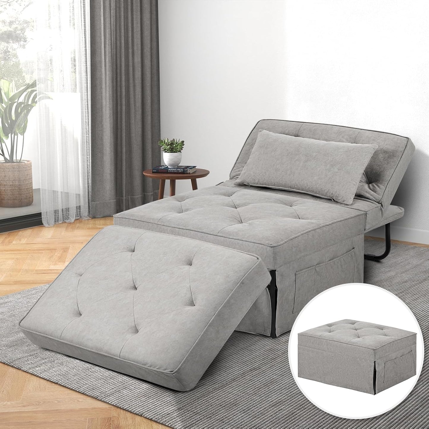 Convertible Sofa Bed, 4 in 1 Multi-Function Folding Ottoman Bed with Adjustable Backrest, Modern Pull Out Sleeper Chair for Living Room Apartment Office (Plus Beige, 36" Width-Large)