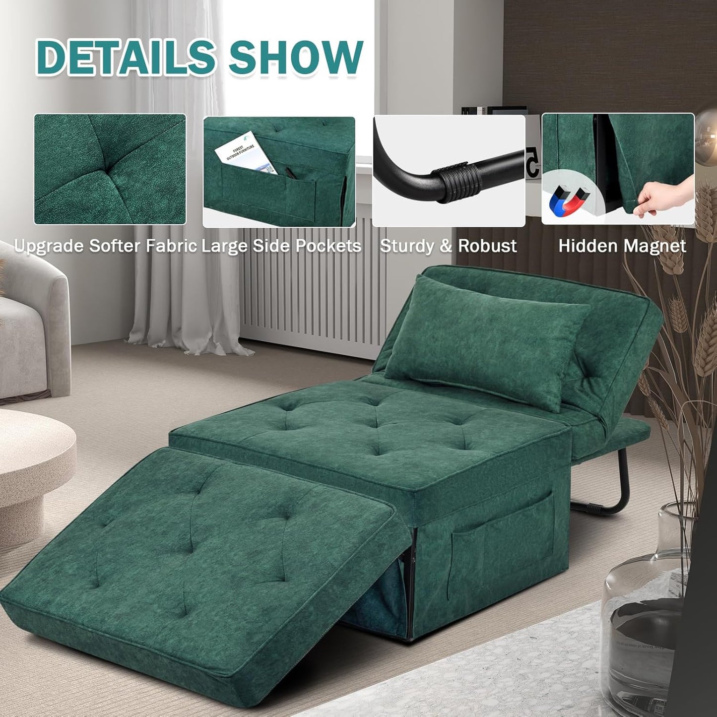 Convertible Sofa Bed, 4 in 1 Multi-Function Folding Ottoman Bed with Adjustable Backrest, Modern Pull Out Sleeper Chair for Living Room Apartment Office (Plus Beige, 36" Width-Large)