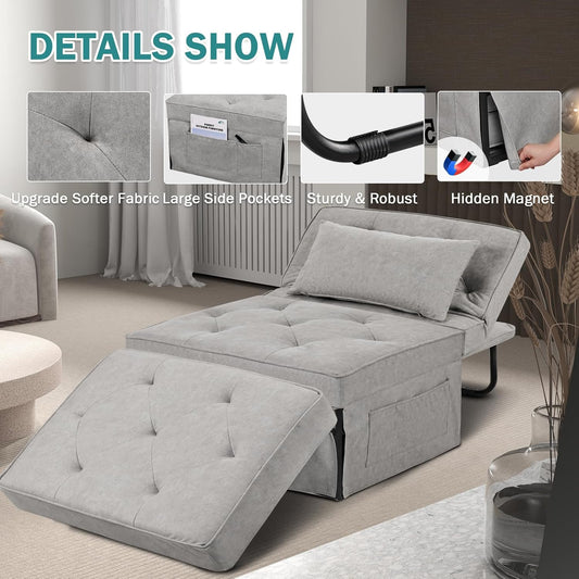 Convertible Sofa Bed, 4 in 1 Multi-Function Folding Ottoman Bed with Adjustable Backrest, Modern Pull Out Sleeper Chair for Living Room Apartment Office (Plus Beige, 36" Width-Large)